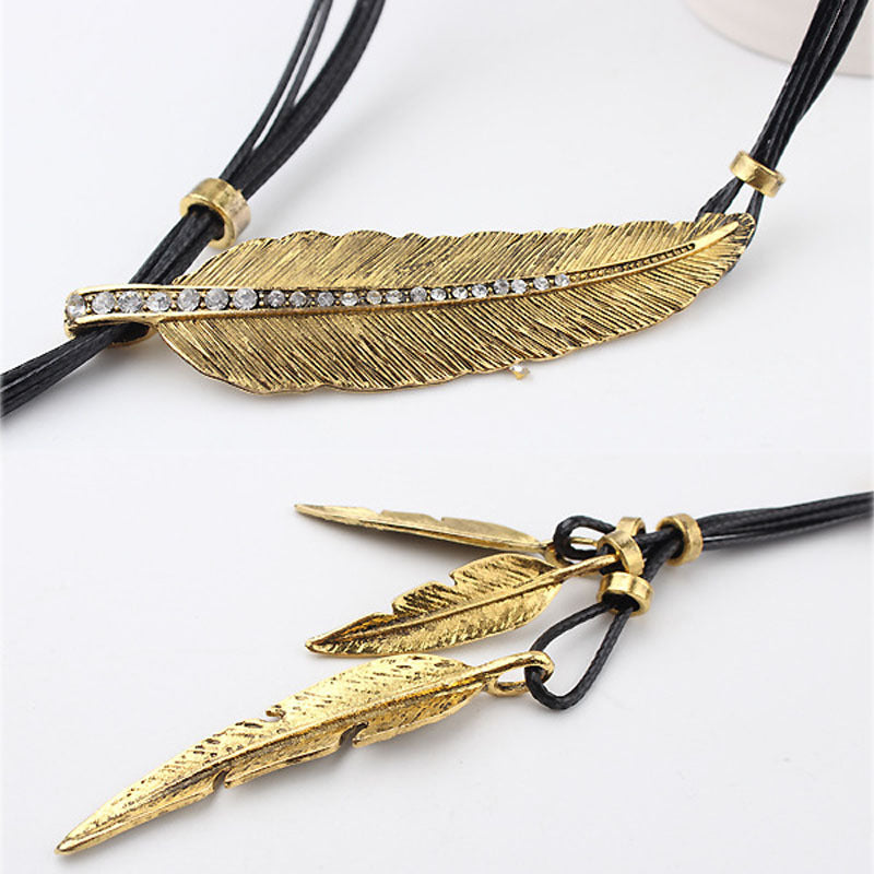 WW | Golden Feather Necklace In Bohemian Style
