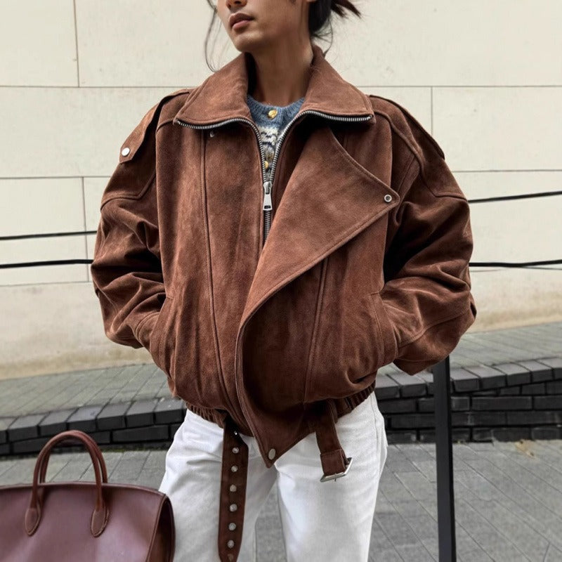 WW | Oversized bomber jacket in a suede look with an asymmetrical zipper