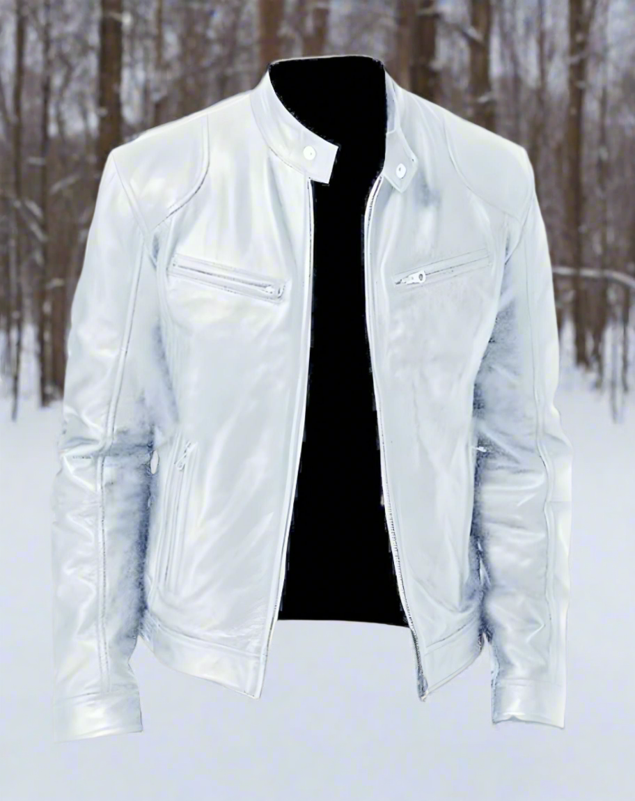 WW | Lederjacke Slim Fit Stehkragen Mit Druckknopf Reißverschlusstaschen Zeitloser Stil
