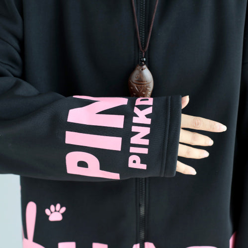 WW | lockere schwarze Baumwolle Kapuzenmäntel Winter lässig Oversize Druck Outwear
