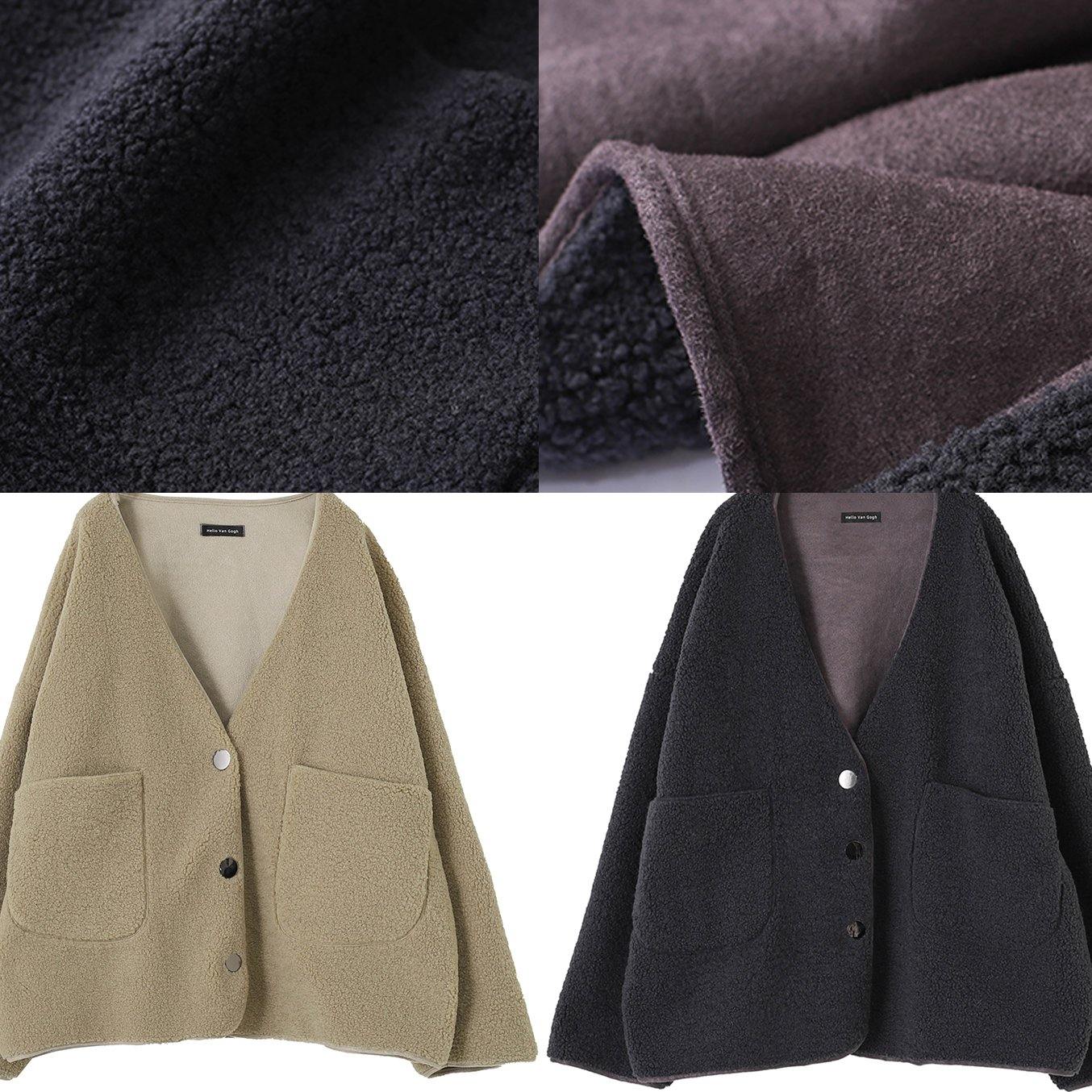 WW | dunkelgrau Wollmäntel lässige Winterjacken V-Ausschnitt Taschen Damen Mäntel