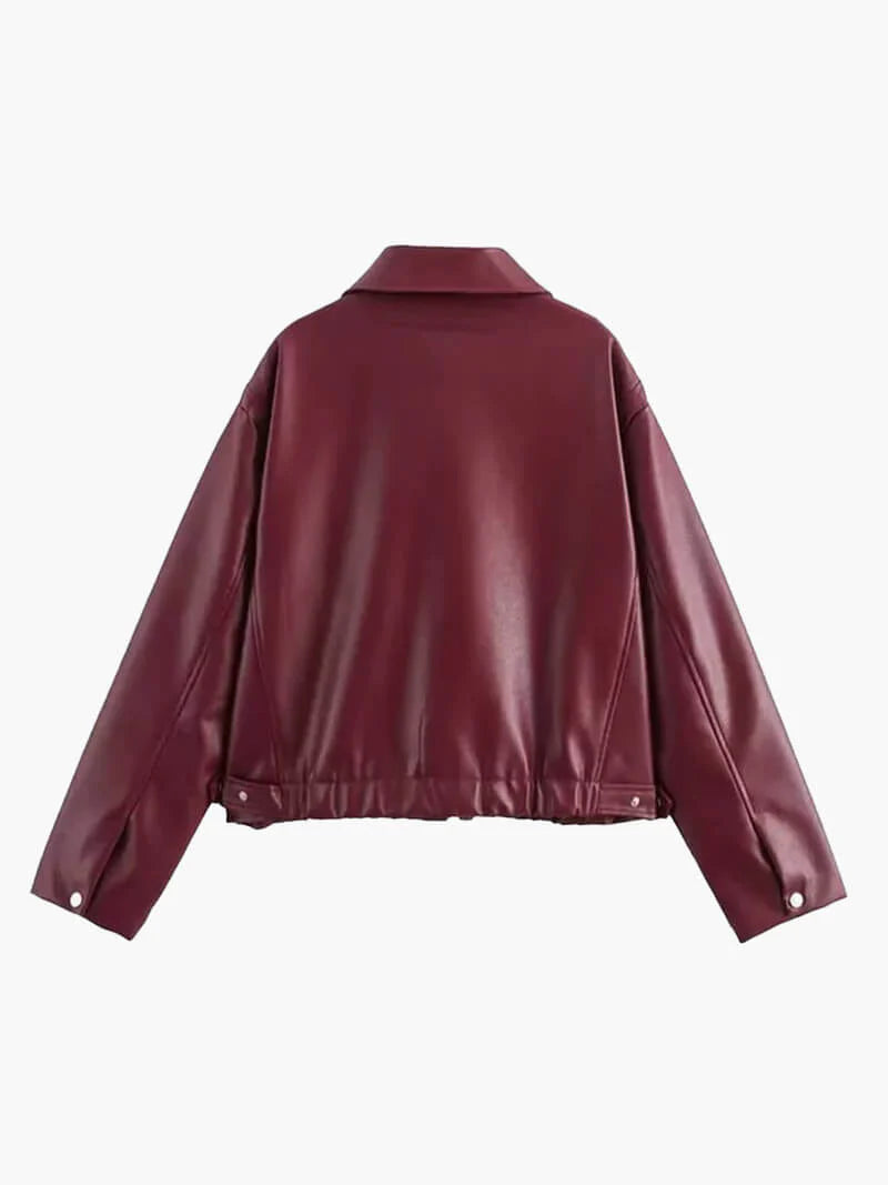 WW | Bordeaux Red Leather Women's Jacket with Zipper