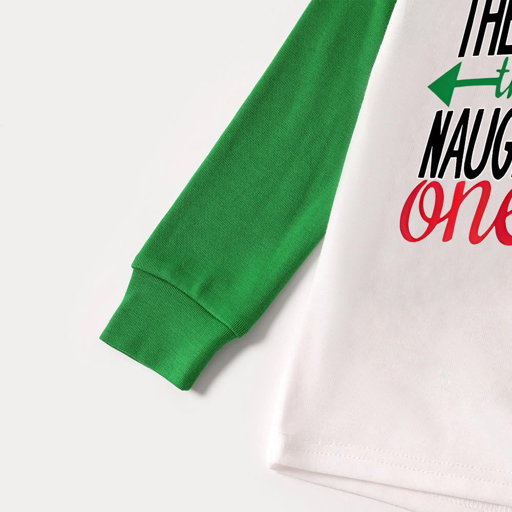 WW | Lieber Weihnachtsmann Sie sind die Ungezogenen' Buchstabendruck Lässige Langarm Sweatshirts Grünes Kontrastoberteil und Schwarz-Grüne Karierte Hose Familienpassende Raglan Langarm Pyjama-Sets mit Hundebandana