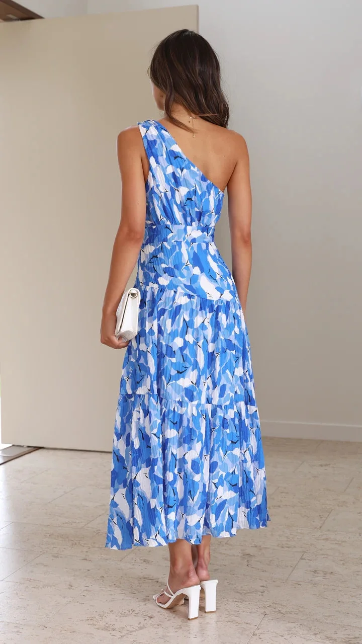 Vanessa – Blaues Midi-Blumenkleid mit einem Schulterfrei
