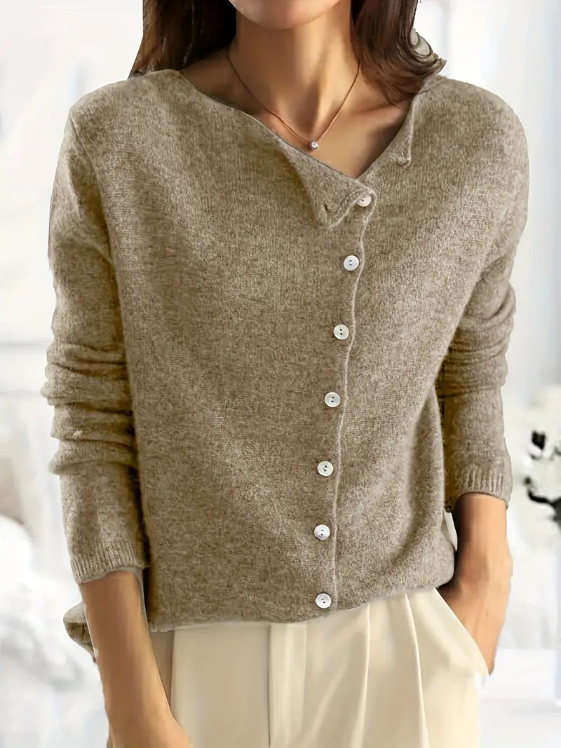 WW | Strickjacke Wollmischung Asymmetrischer Knopfverschluss Lockere Passform V-Ausschnitt
