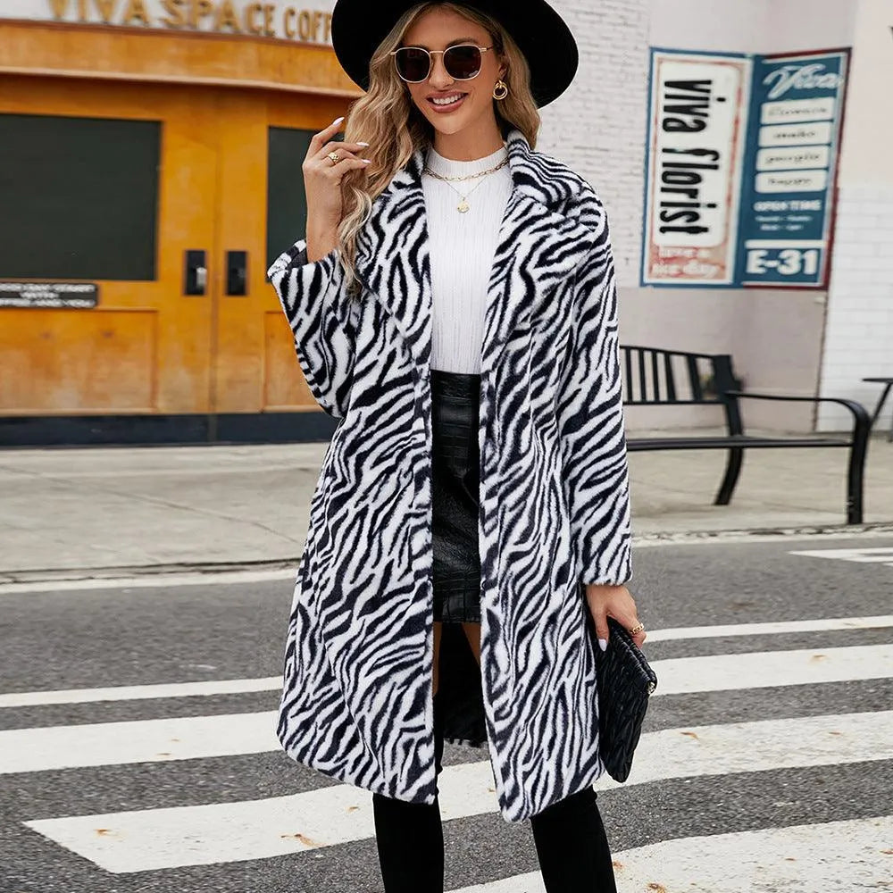 WW | Long Plush Coat with Zebra Pattern