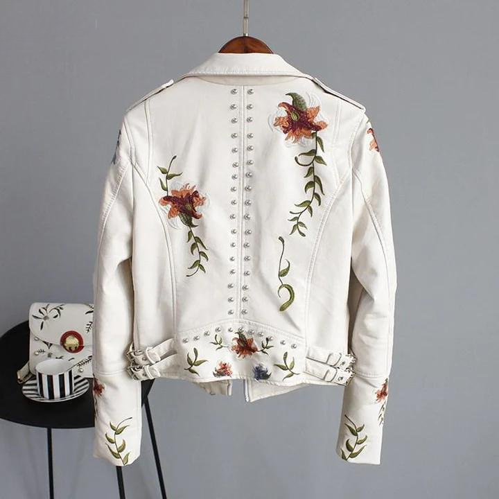 WW | Lederjacke mit Blumenstickerei