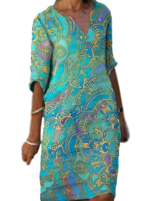 WW | Lässiges Farbenfrohes Paisley Inspiriertes Kleid mit Dreiviertelärmeln und V-Ausschnitt