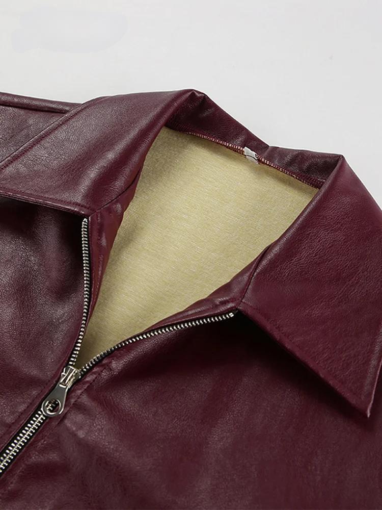 WW | Bordeaux red faux leather jacket with stylish lapel collar and zipper detail