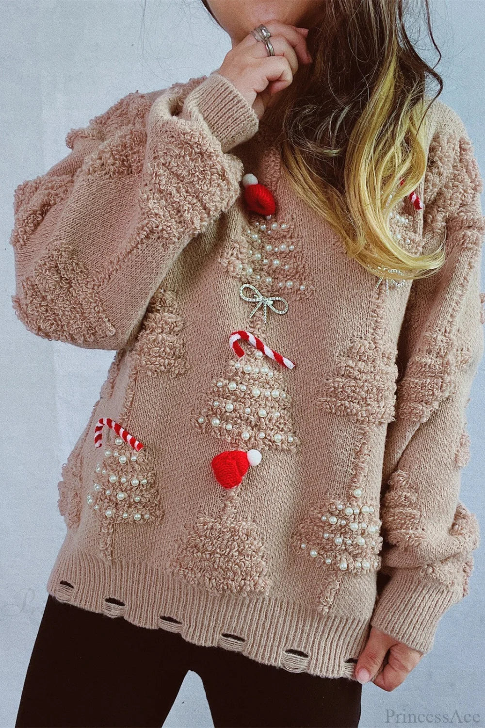 WW | Christmas 3D Tree Bead Solid Flocked Sweater