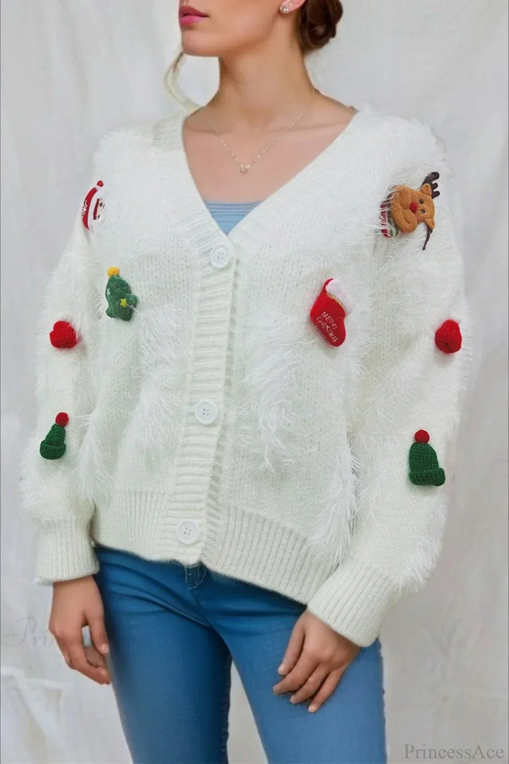 WW | Weihnachten Mink Fleece 3D Trim Einreiher Cardigan Sweater