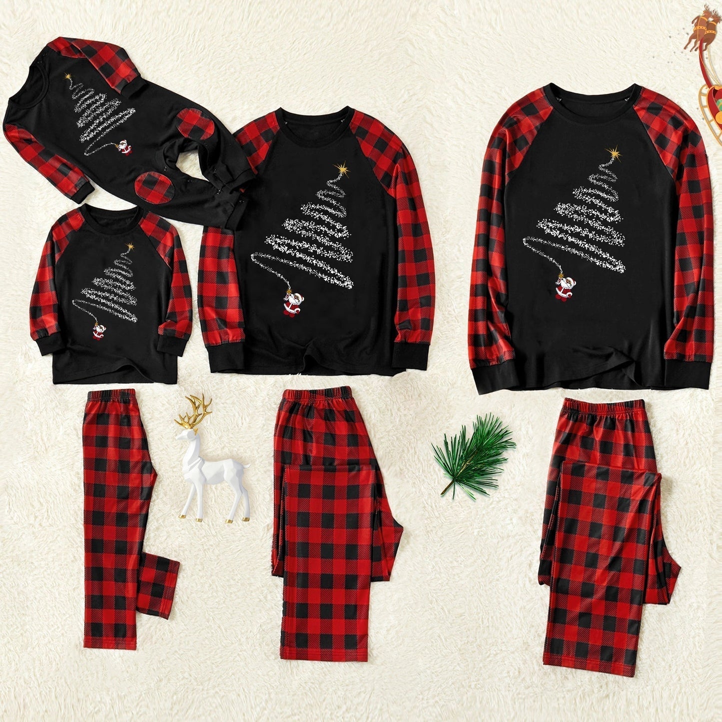 WW | Weihnachtsmütze und 'Believe' Buchstaben Druck Muster Kontrast Schwarz Top und Schwarz & Rot Karierte Hose Familien passende Schlafanzug Set