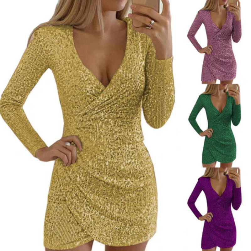 WW | Damen Pailletten Wickelkleid Mini