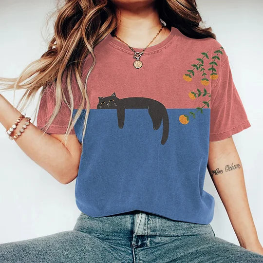 WW | Zweifarbige Katzen-Grafik-T-Shirt für Damen