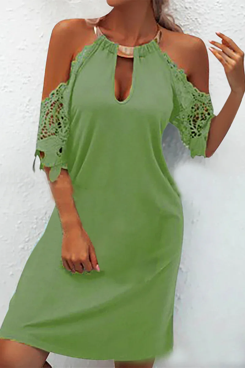 Naila - Elegant plain lace dress with metallic accessories and embellishments, including a waist belt
