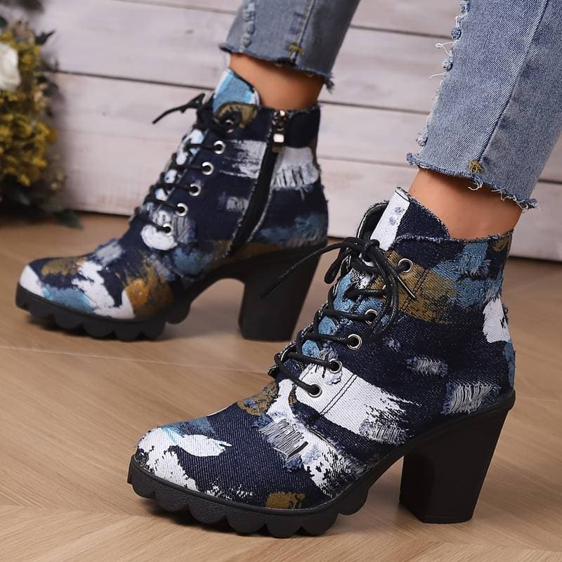 WW | Stiefeletten Gemustertes Textil Schnürung Blockabsatz Chunky Sohle