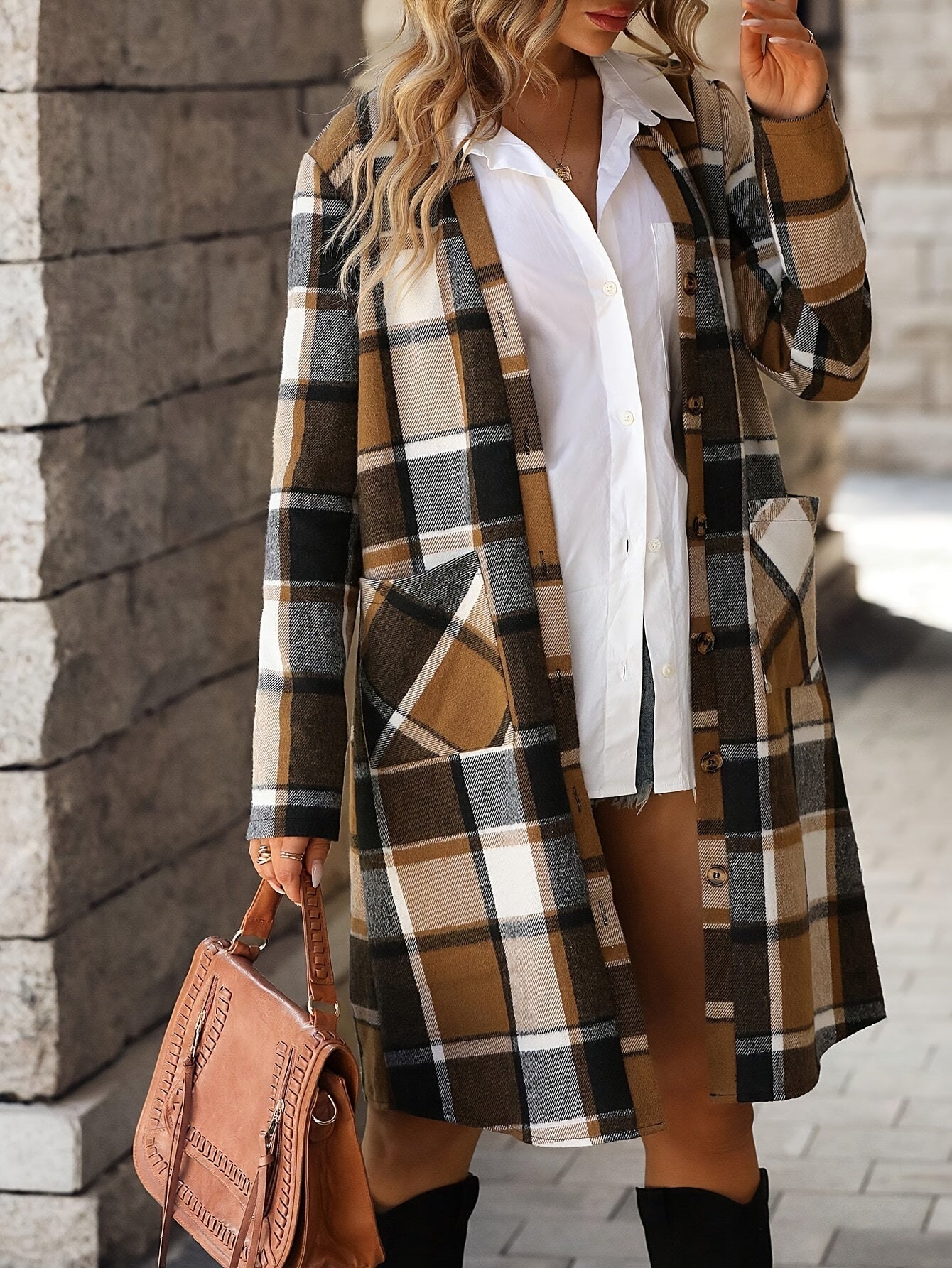 WW | karierter Trenchcoat mit offenem Vorderteil und vielseitigem Stil für Damen - Perfekt für Lässige Tage