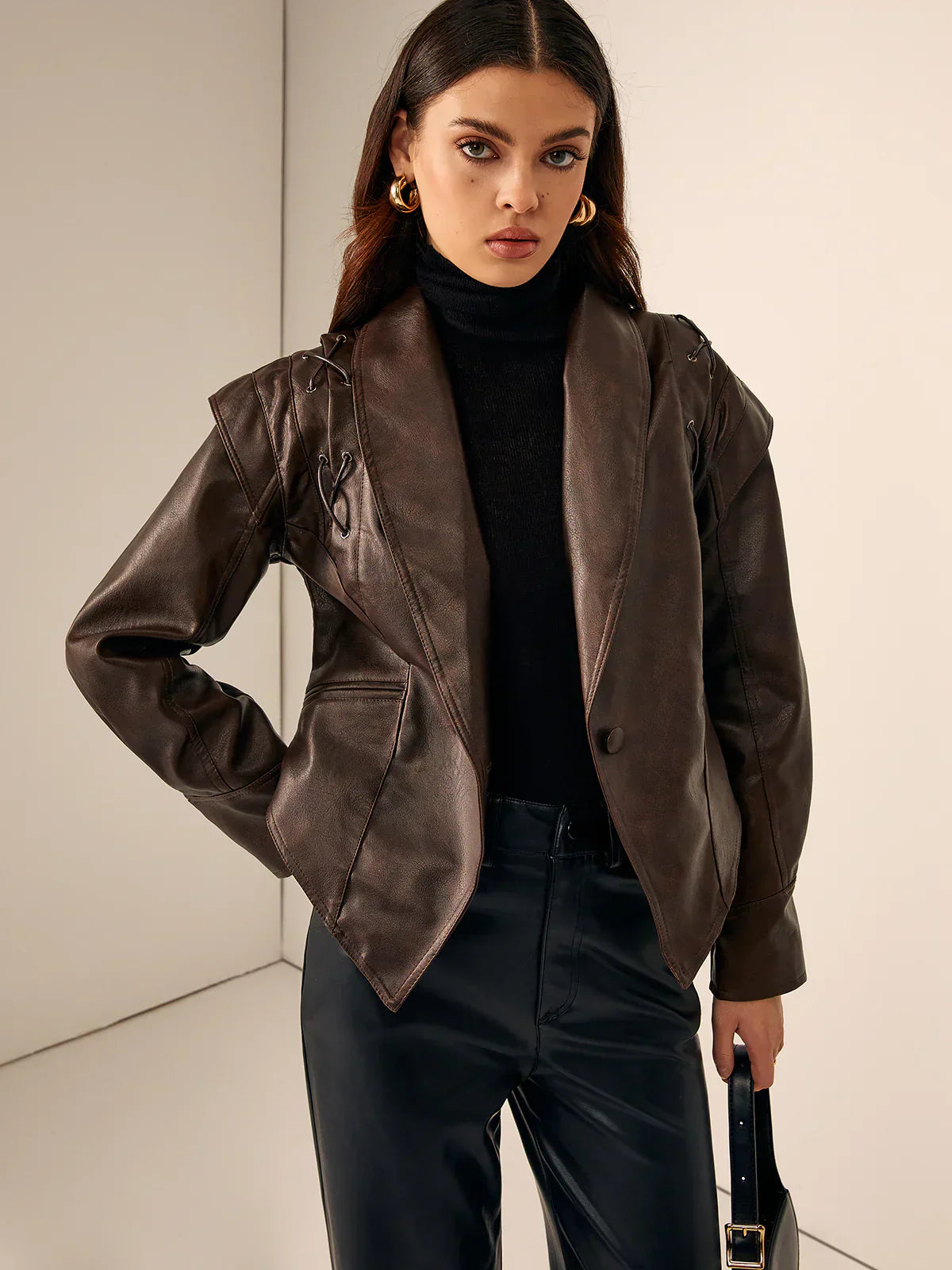 WW | Leder Schnür Lapel Kragen Blazer Jacke