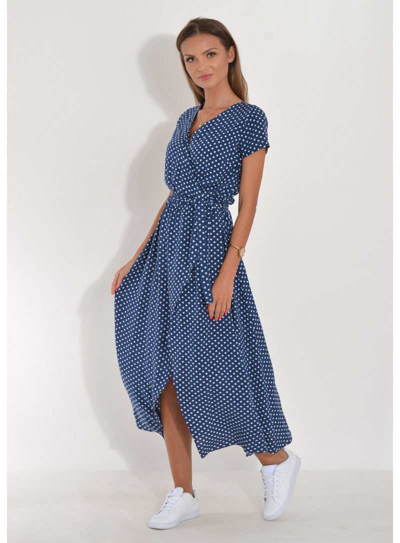 Polka Dot Maxi Dress – Airy Dress with V-Neck, Tie Belt & Slit