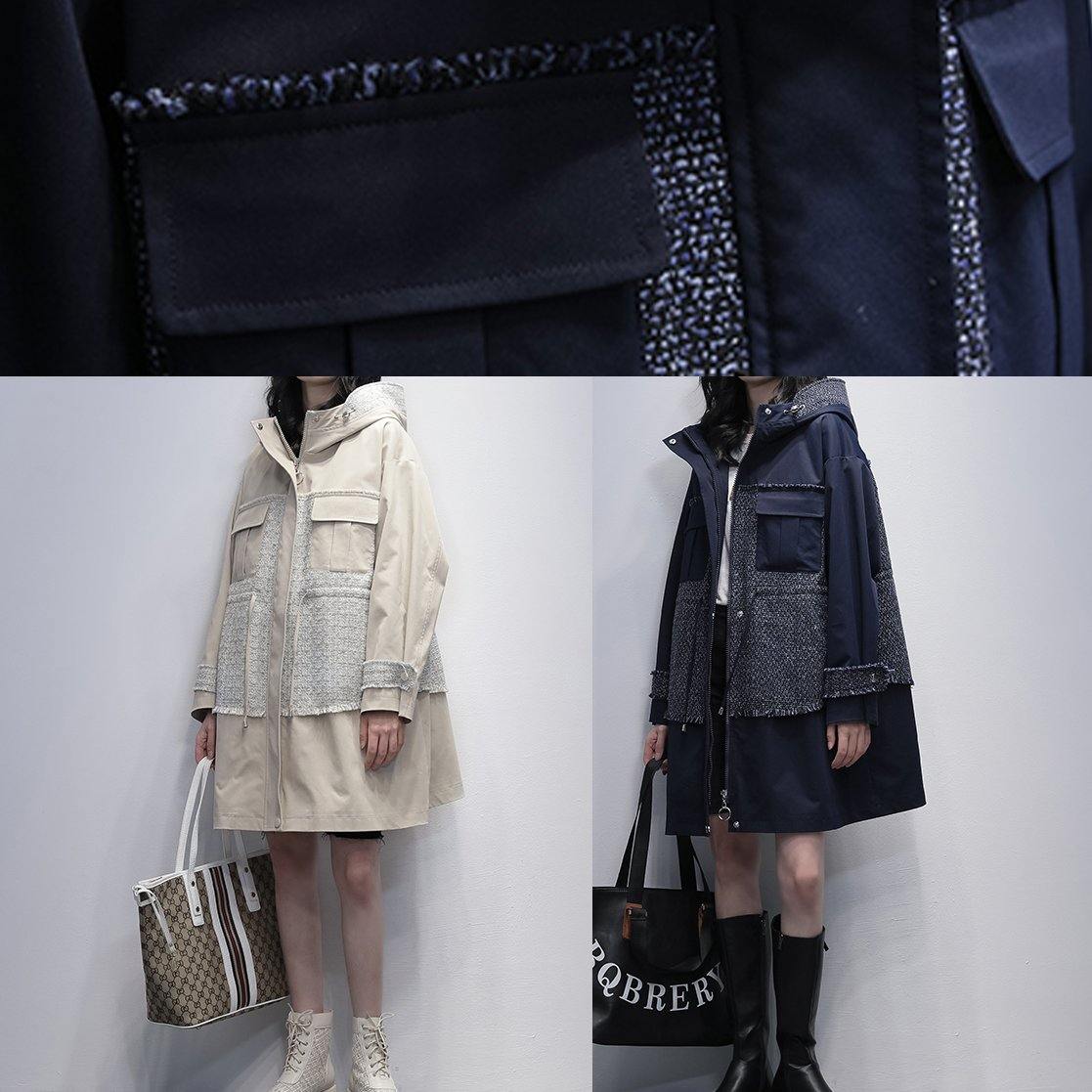 WW | Kapuzen-Patchwork Feine Tuniken für Frauen navy lässige Mäntel