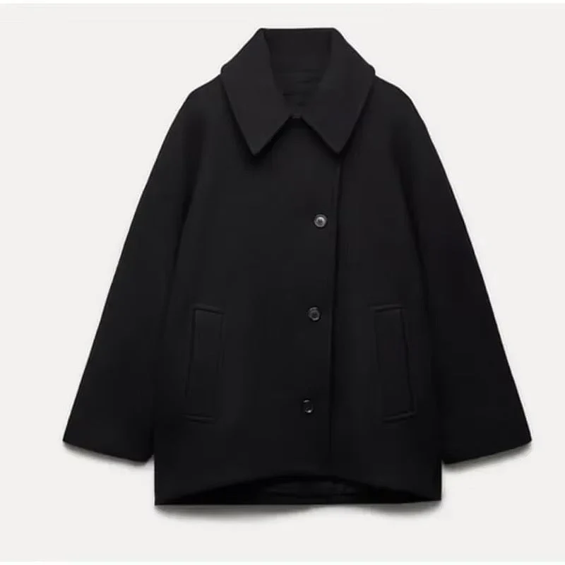 WW | Women's Wool Coat – Oversized Fit – Wide Collar – Button Closure – Mid-length – Pockets