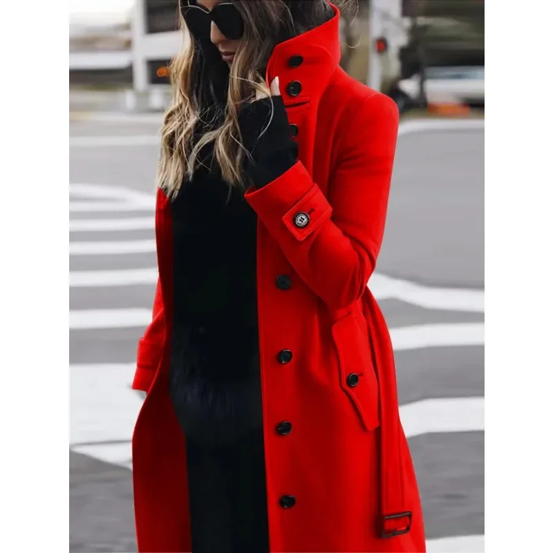 WW | Coat - Wool - Slim Fit - Single-breasted - Long Sleeves - Stand-up Collar - Long Model