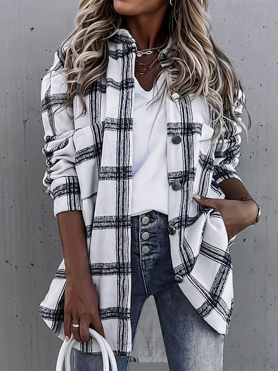 WW | Oversized Fit Plaid Pattern Breathable Fabric Buttons Mid Length