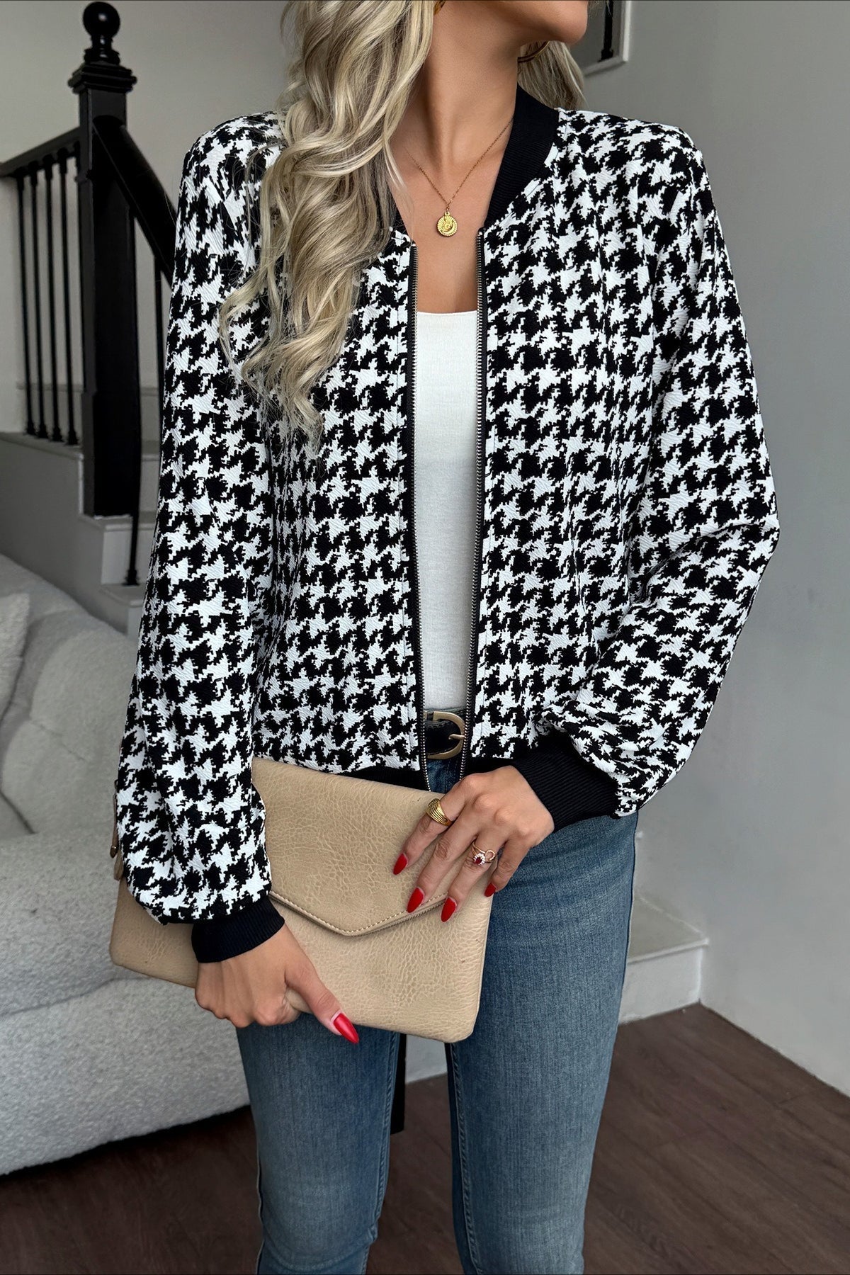 WW | Sleeve Houndstooth Fitted Jacket