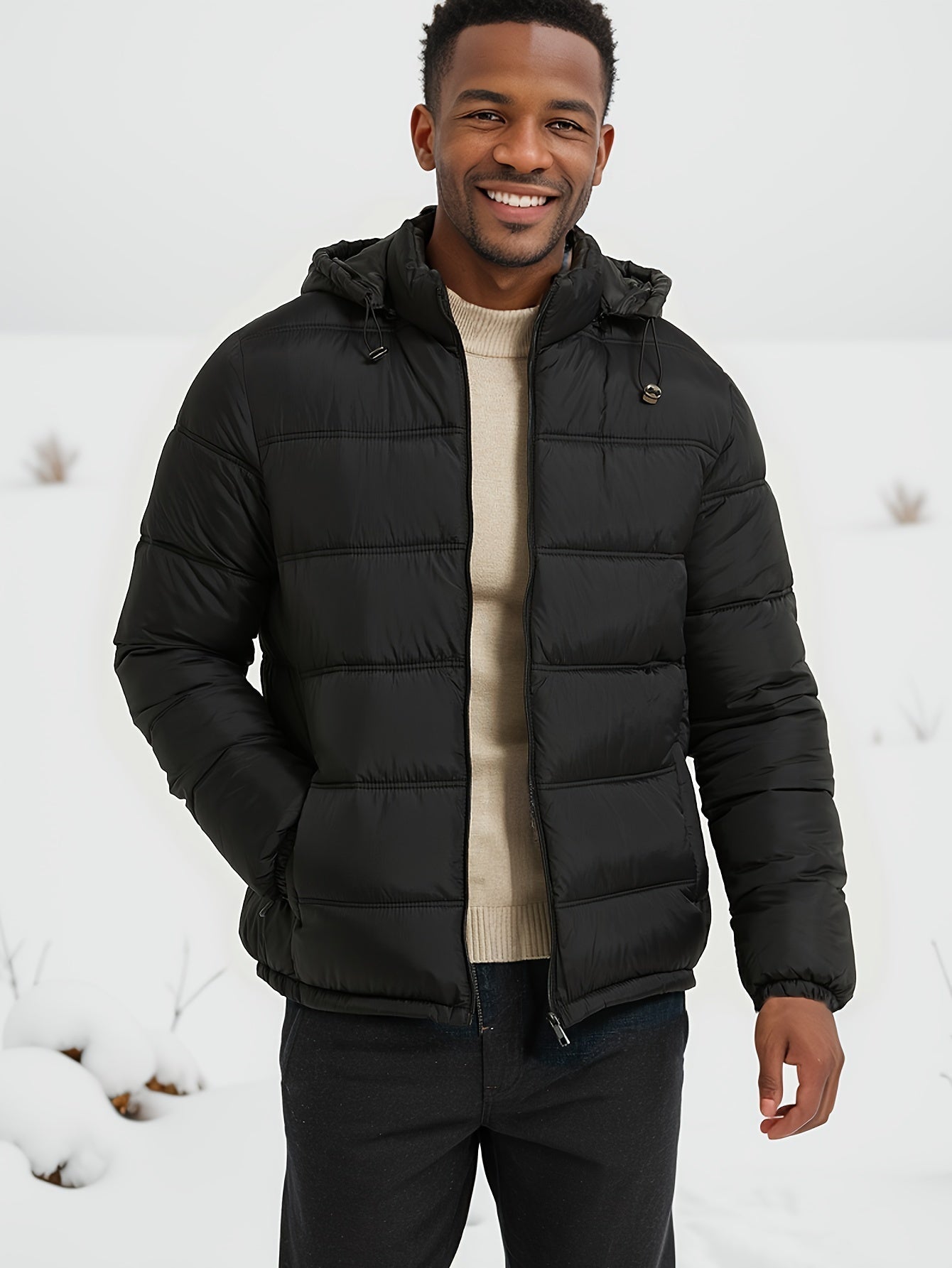 WW | Casual Black Zip-Up Hooded Winter Jacket for Men - Ideal for Autumn/Winter