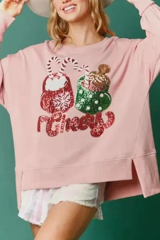 WW | Weihnachts Süßigkeiten Tasse Pailletten Lässiger Lockere Sweatshirt
