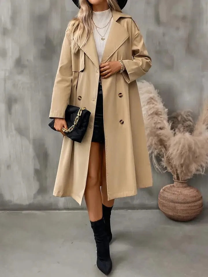 WW | Simple Double Breasted Trench Coat with Long Sleeves