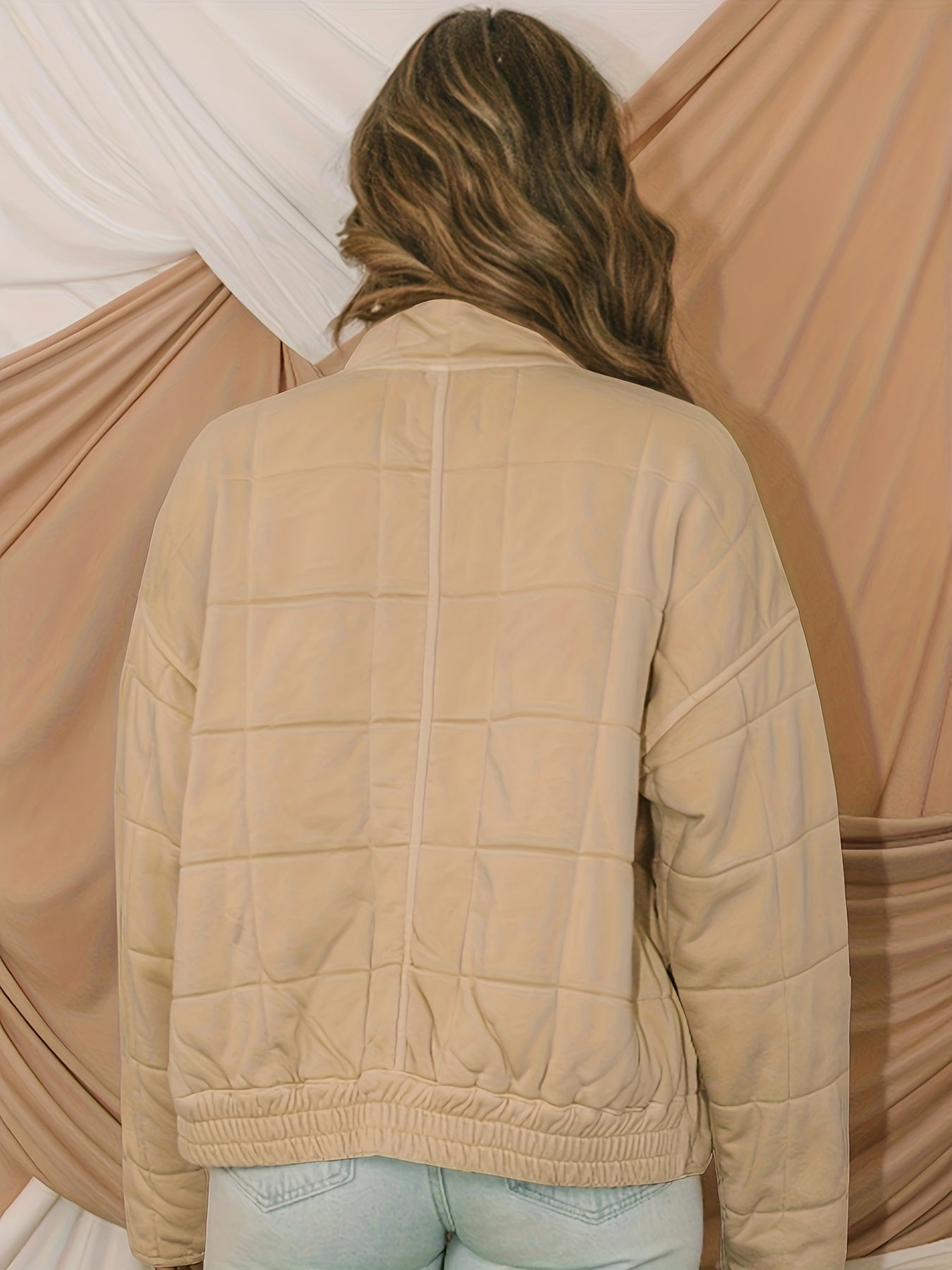 WW | Solid Quilted Windproof Jacket with Plaid Pattern