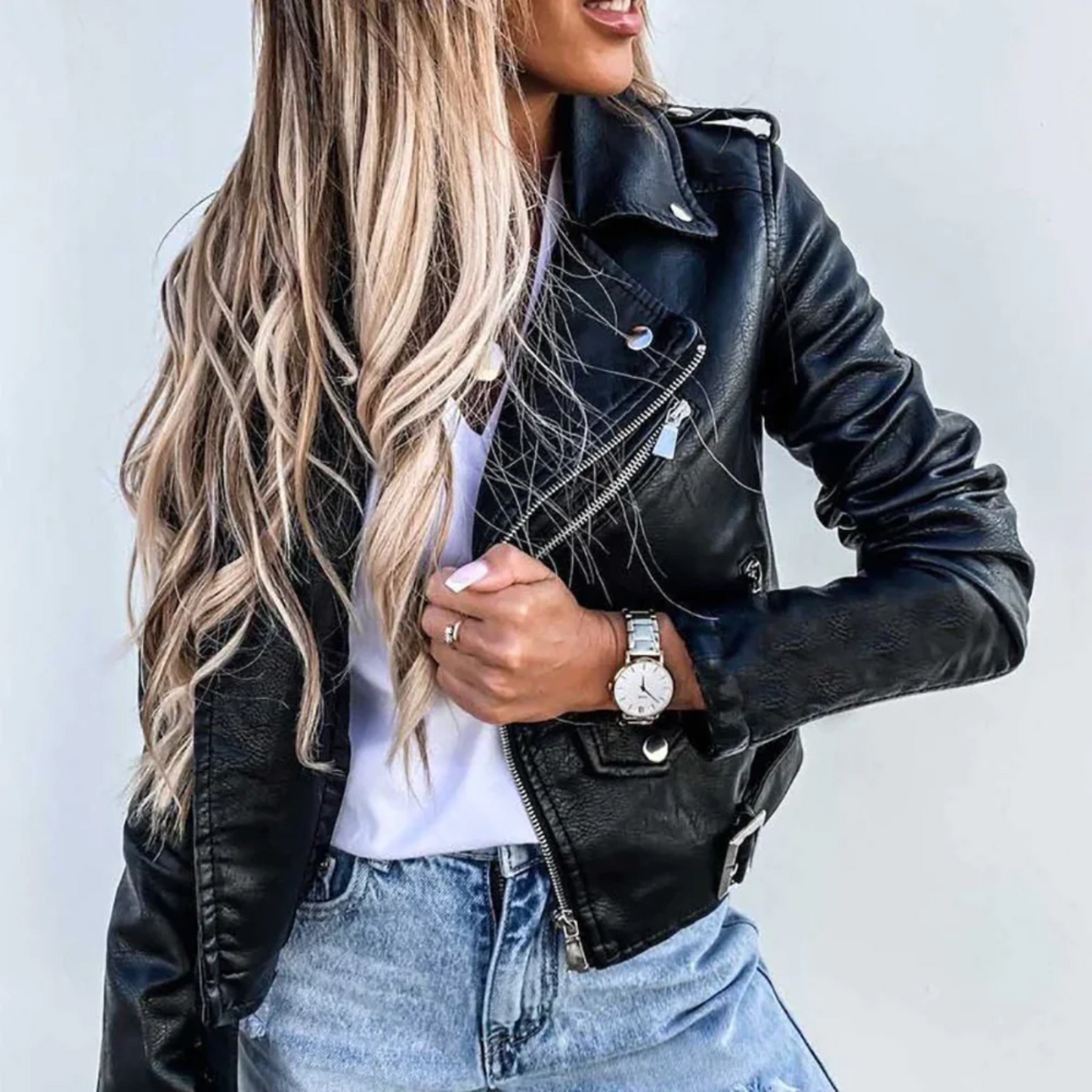 WW | Stylish Lined Leather Jacket with Zipper