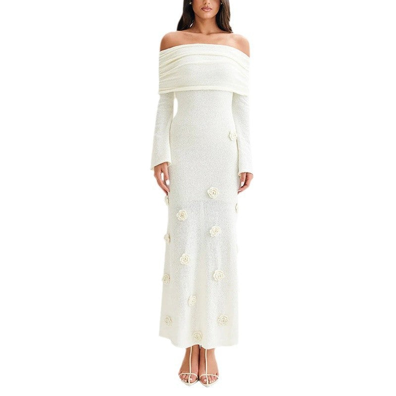 WW | Dreidimensionales Blumenkleid Mit Offenen Schultern Strick