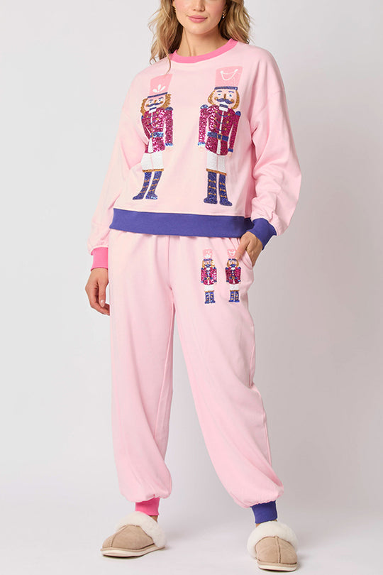 WW | Weihnachtsmann Pailletten Freizeit Sweatshirt und elastische Taillen lockere Taschenhose Set