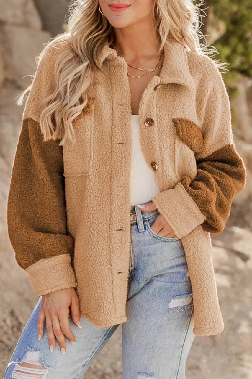 WW | Sherpa Jacke Camel Colorblock mit Taschen - Elegant und Warm