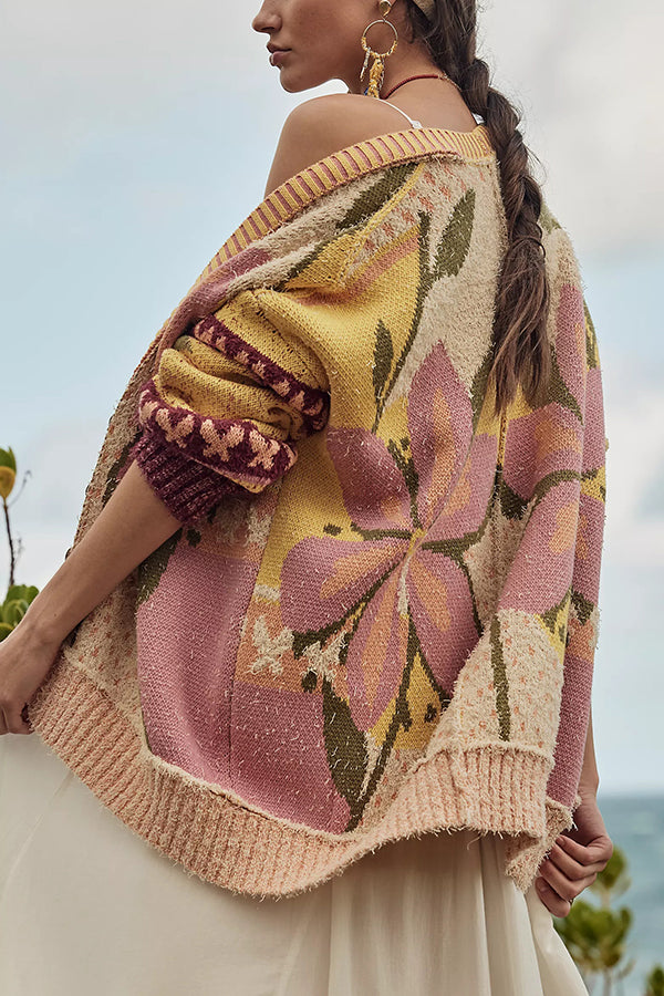 WW | Kuschelig weiche Strickjacke mit Blumenmuster, lockerem Schnitt und langen Ärmeln