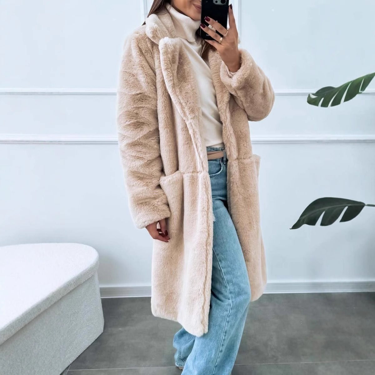 WW | Long Jacket Plus Size Fit Soft Fabric Wide Lapels Front Pockets