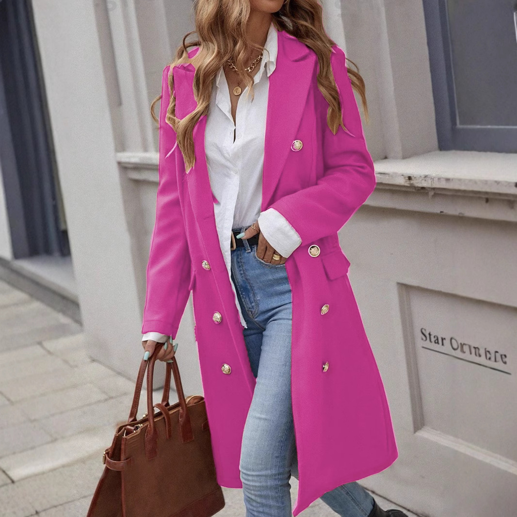 WW | Women's Long Overcoat – Tailored Fit – Wool Feel – Double-Breasted – Wide Lapel Formal Style