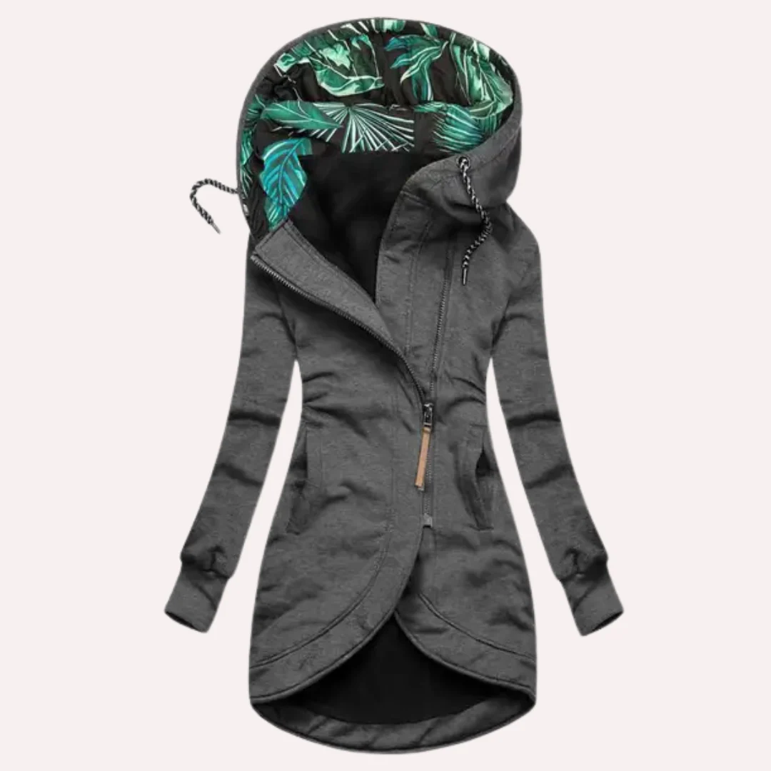 WW | Fleece Jacket Slim Fit Long Style Hood with Print Asymmetrical Zipper