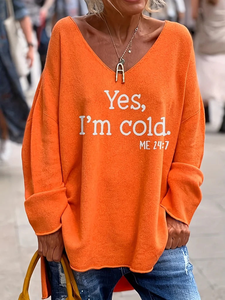 WW | Sweater Oversized Fit Soft Knit V-Neck Text Print Long Sleeves