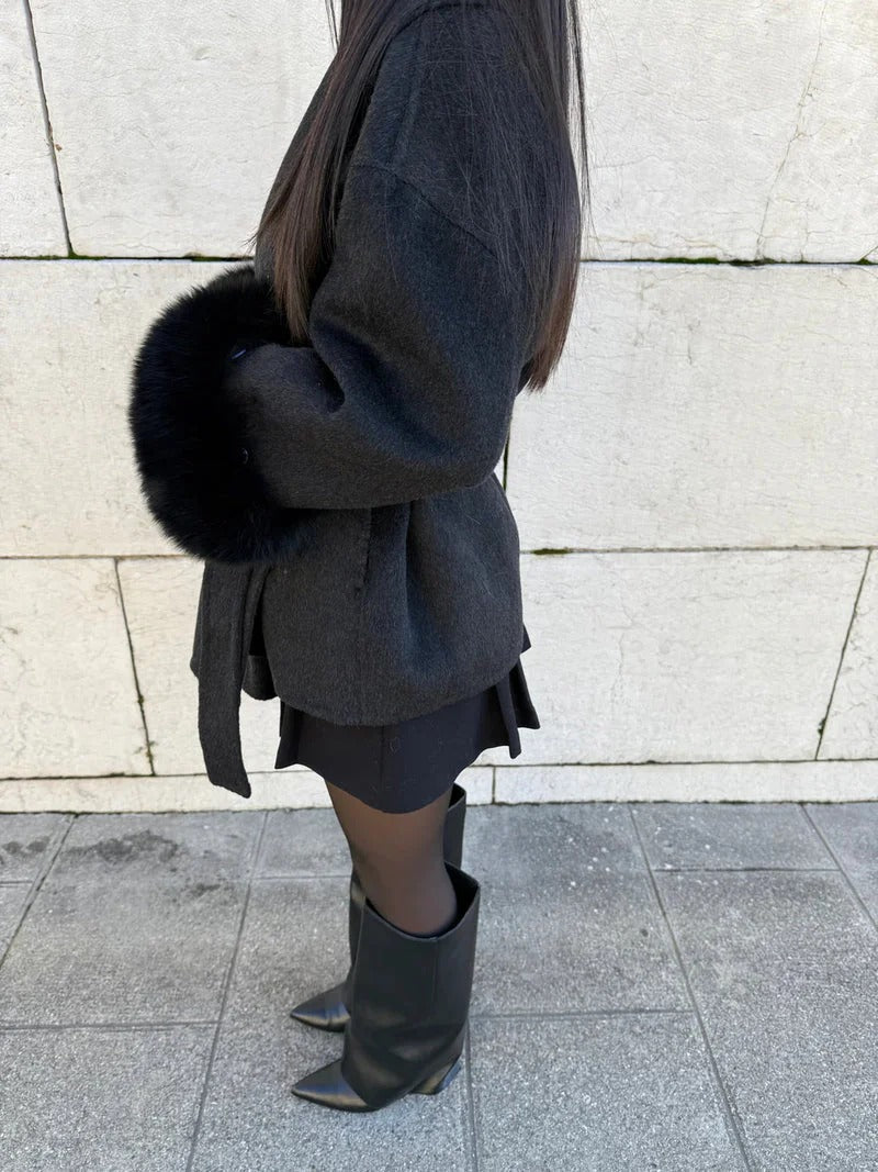 WW | Wool coat with belt and faux fur cuffs Elegant short wrap jacket