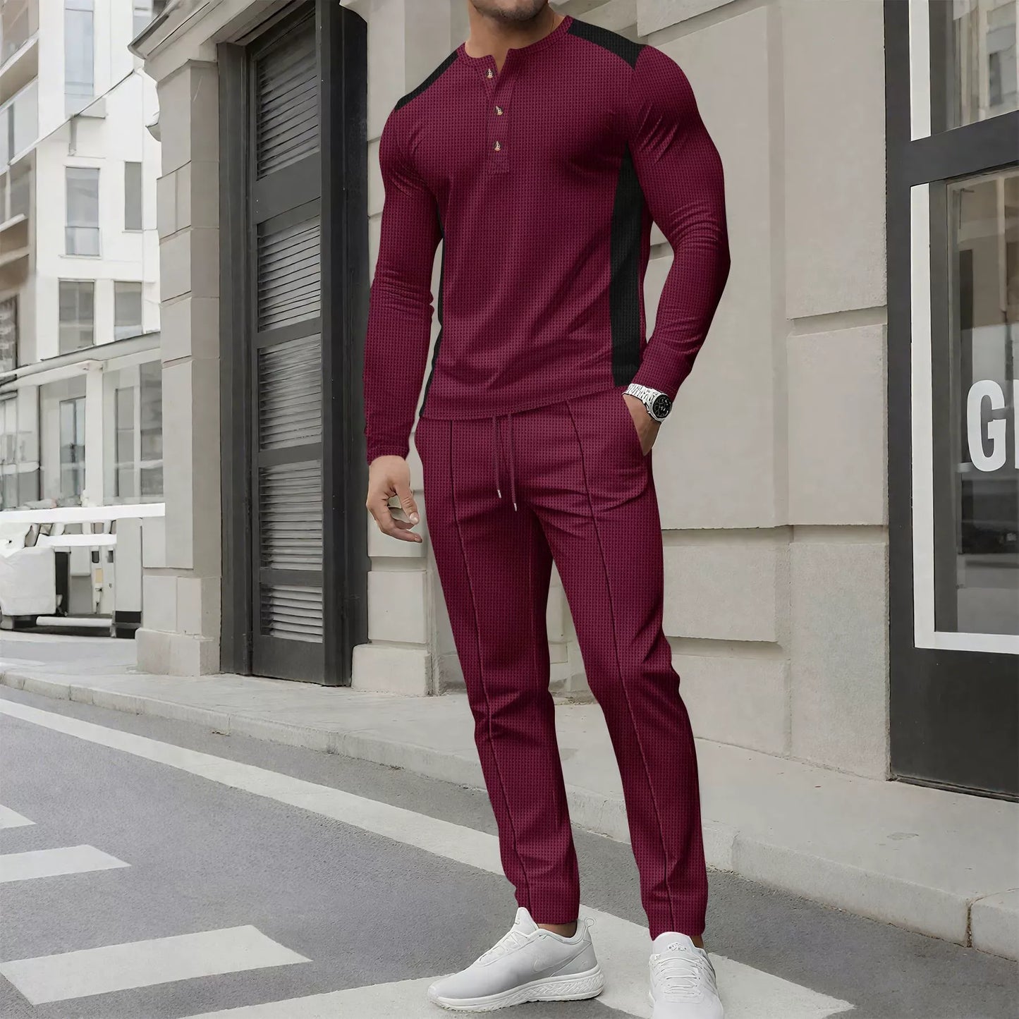 WW | Set with Henley Sweater and Slim Fit Waffle Knit Trousers Button Collar