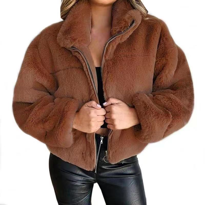 WW | Damen Kunstpelzmantel – Oversized Schnitt – Kurze Länge – Reißverschluss vorne – Hoher Kragen