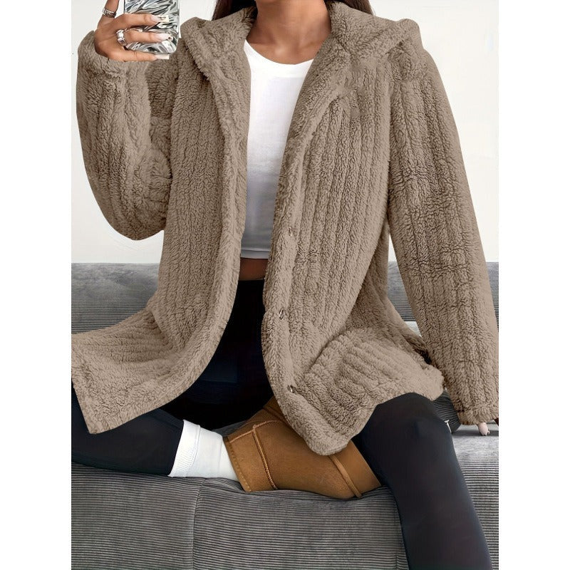 WW | Oversized Fit Hood Ribbed Texture Soft Teddy Lining Button Closure