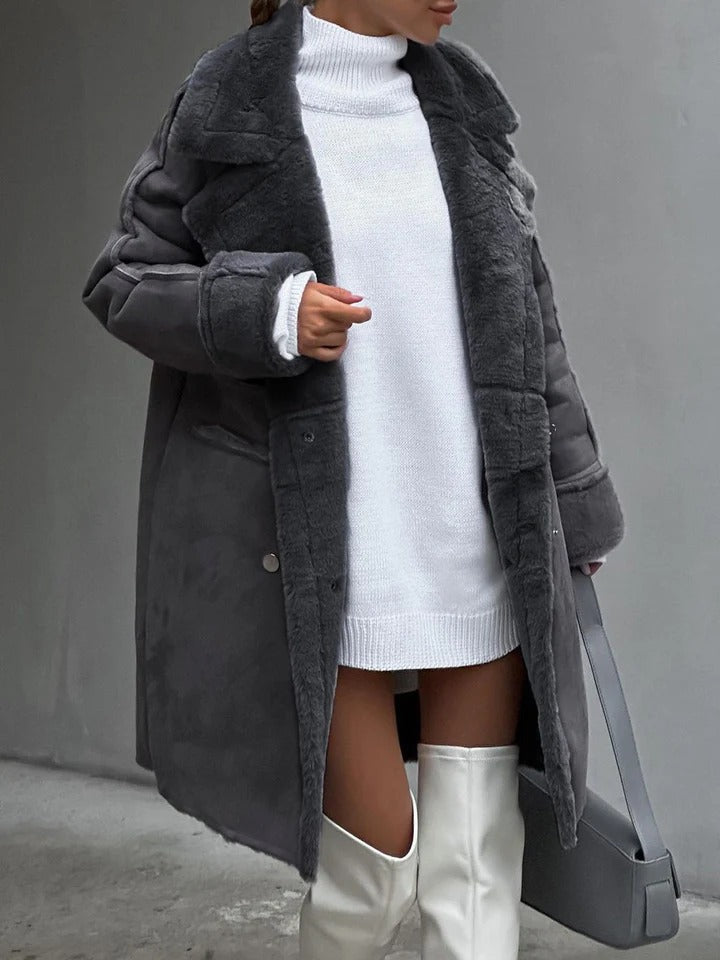 WW | Mantel Übergröße Passform Faux Fur Doppelreiher Knielang