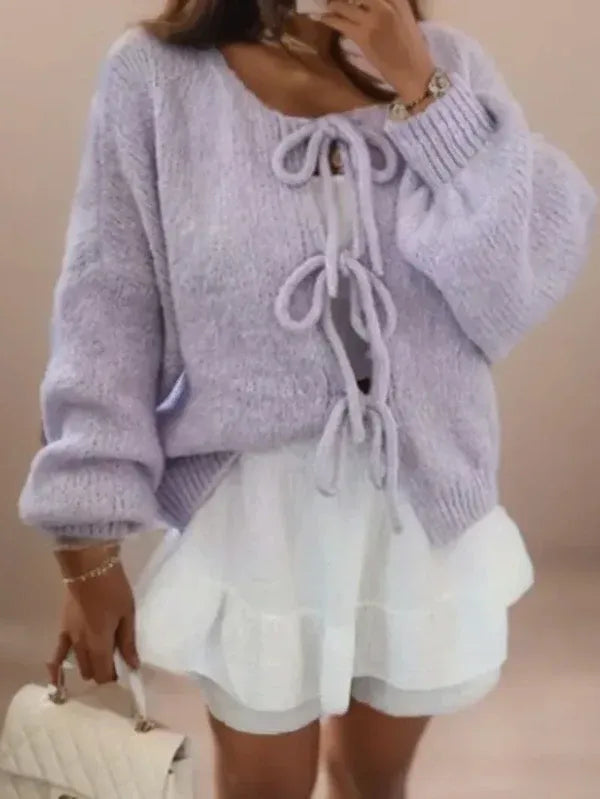 WW | Cardigan Oversized Fit Wool Knit Balloon Sleeves Tie Straps