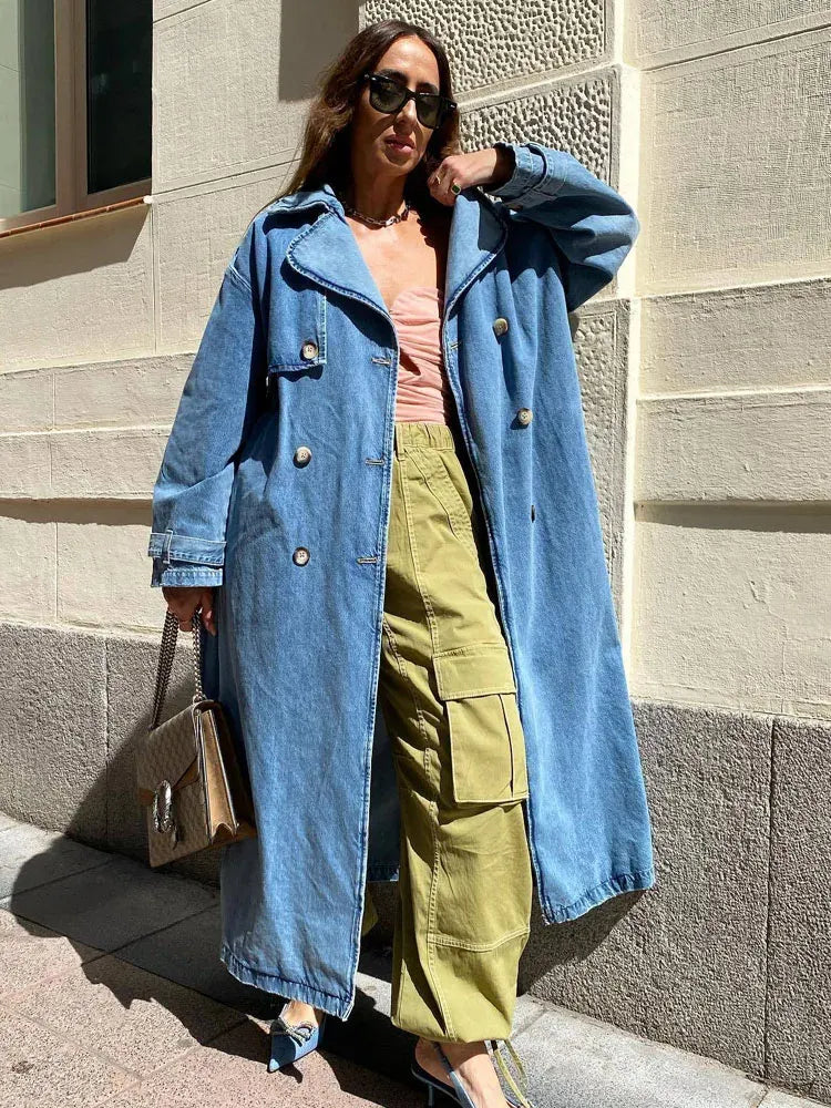 WW | Trenchcoat Denim Übergröße Passform Voll Länge Gürtel Knopfverschluss