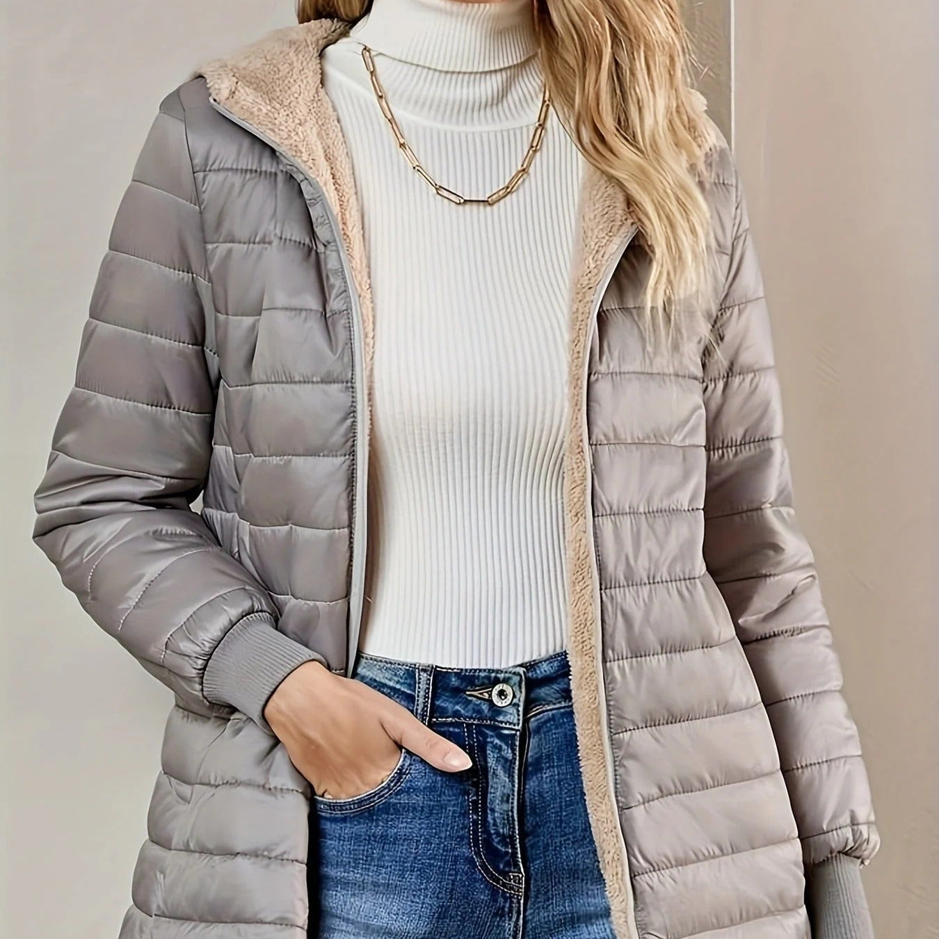 WW | Damen Gequiltete Lange Jacke Lockere Passform
