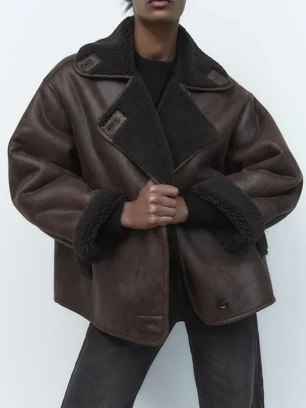 WW | Lederjacke Übergröße Passform Lammfellkragen und Manschetten Hüftlanger Vintage Stil